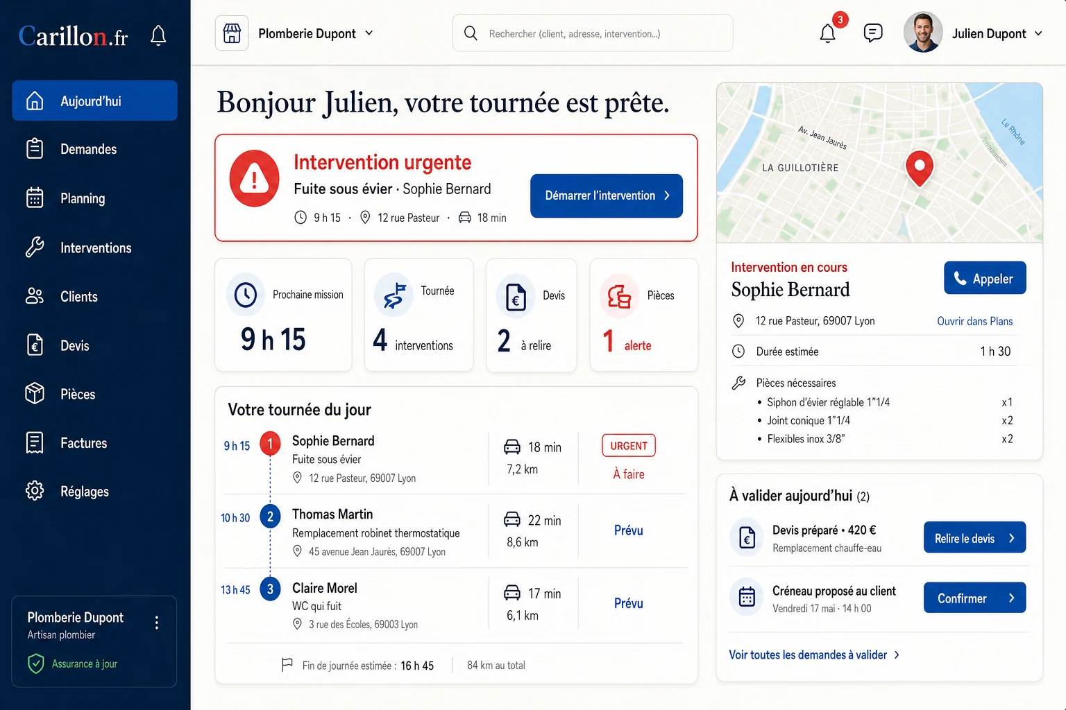 Tableau de bord CarillonPro configuré pour une entreprise de plomberie.