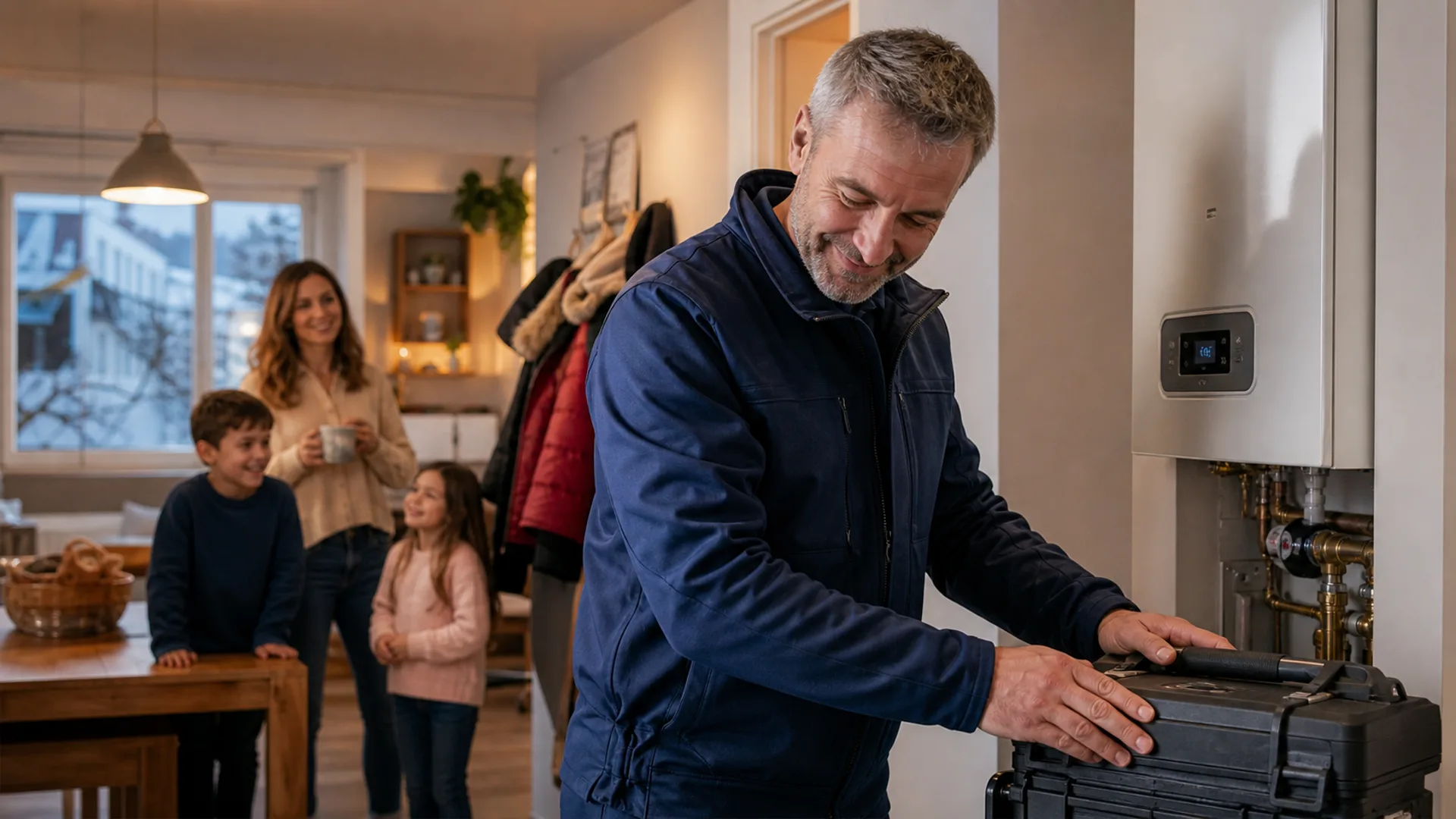 Un chauffagiste termine une intervention tandis qu’une famille retrouve un logement chauffé.