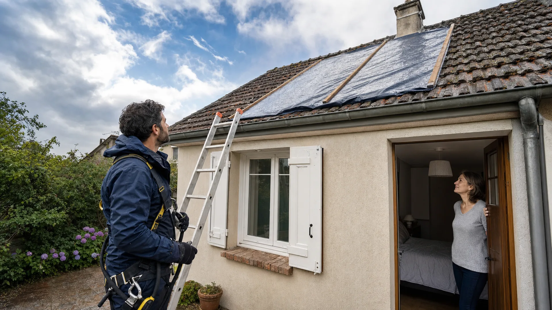 Un couvreur contrôle depuis le sol une protection provisoire posée sur une toiture après l’orage.