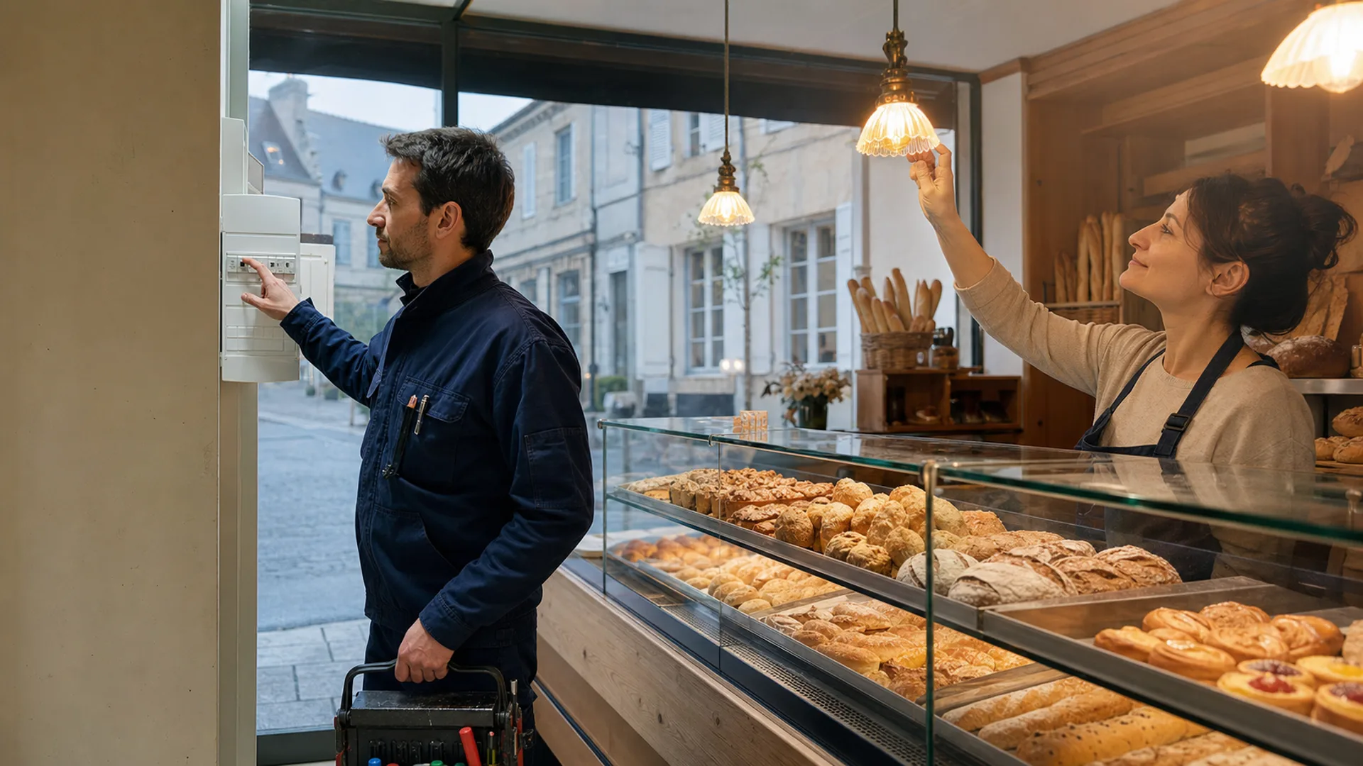 Un électricien vérifie un tableau fermé tandis que la boulangère rallume son commerce.