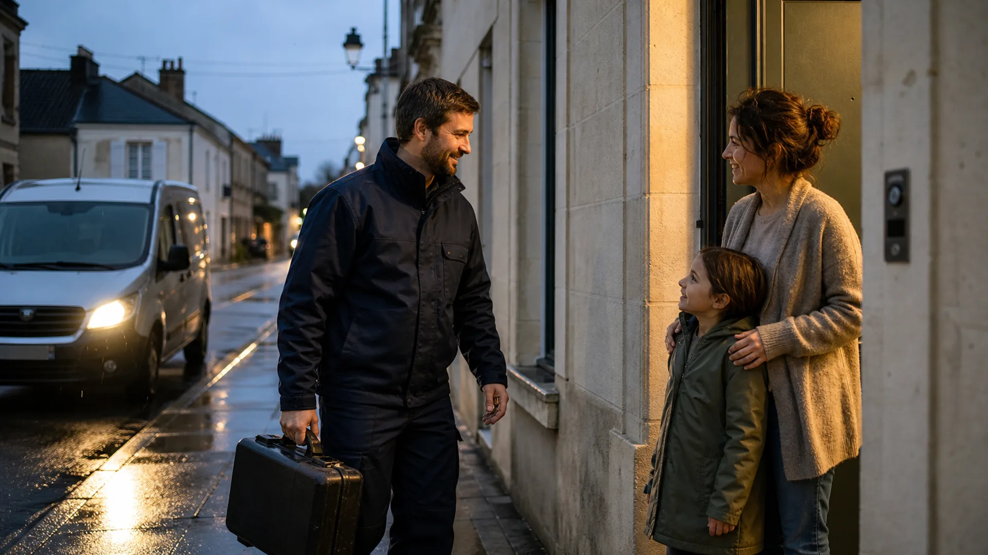 Un serrurier arrive auprès d’une mère et de sa fille qui attendaient devant leur logement.