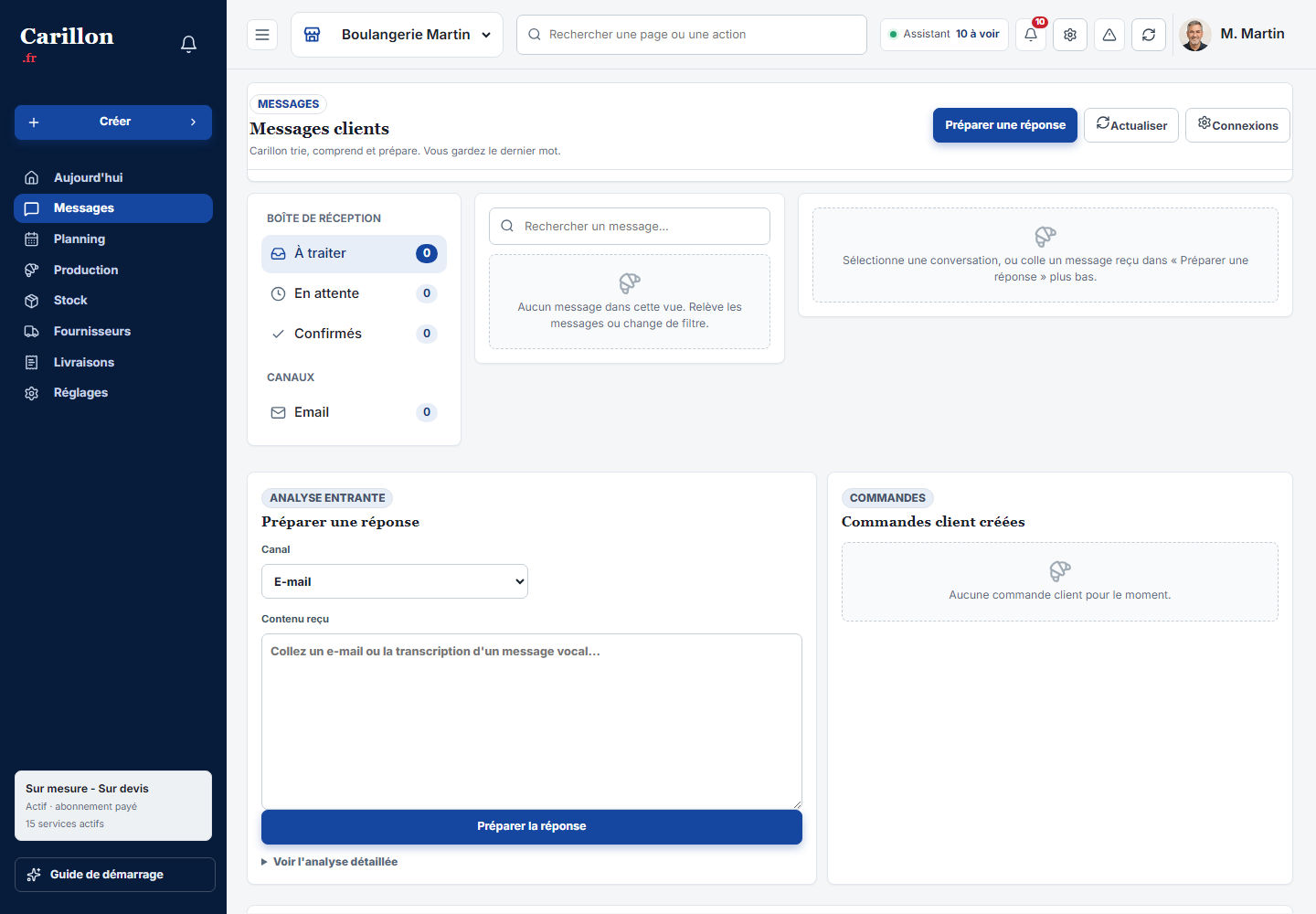 Boîte de réception CarillonPro montrant les échanges d’un client.